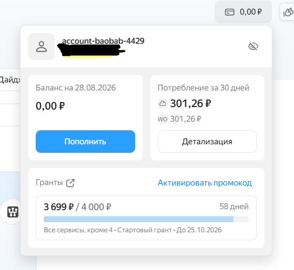Стартовый грант 4000 ₽ в консоли биллинга Yandex Cloud